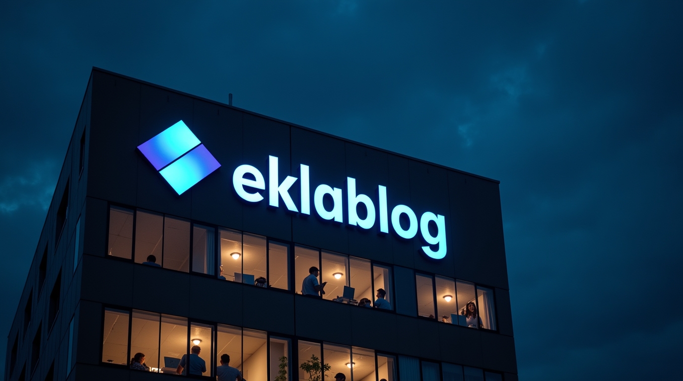 Façade de bâtiment la nuit avec logo Eklablog illuminé