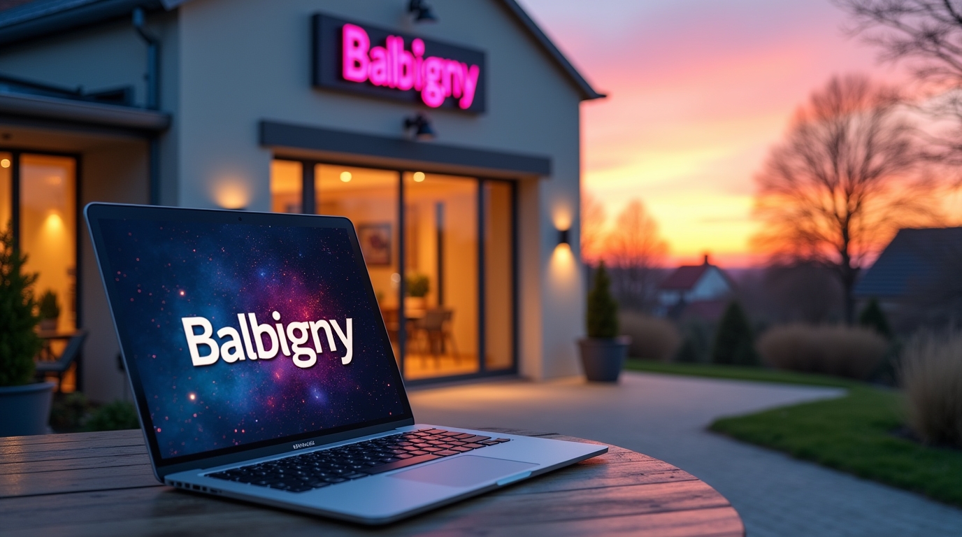 Façade colorée de Balbigny avec ordinateur présentant un blog