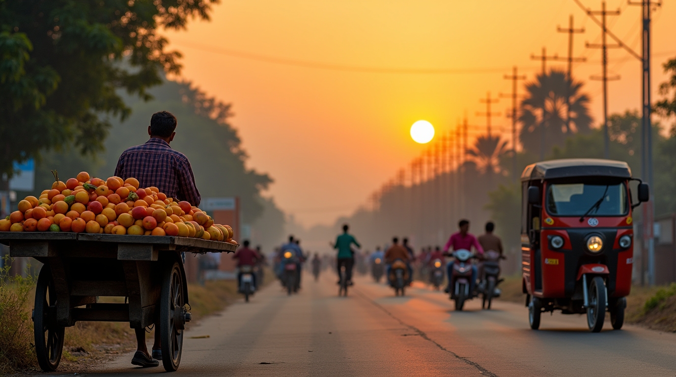 Vendeur de rue devant un panorama urbain du Bangladesh au coucher du soleil