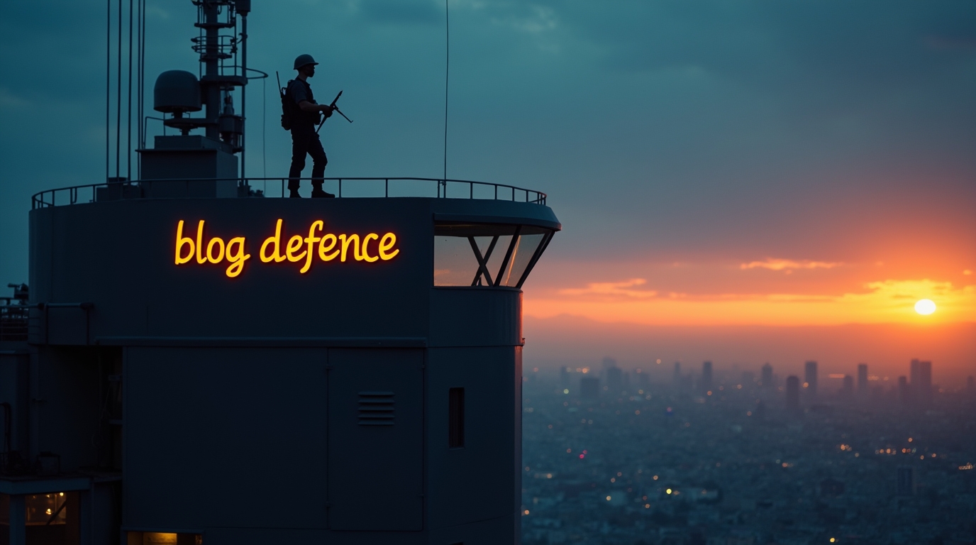 Image mettant en avant un bâtiment de défense, un soldat vigilant et le concept de blog sur la défense.