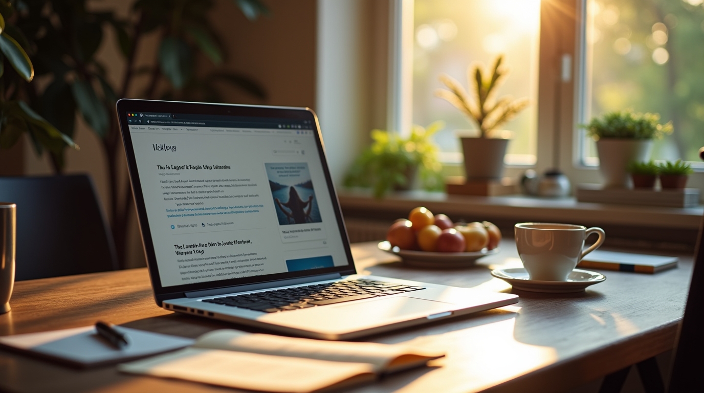 Bureau avec ordinateur affichant le blog de Julien Delmas, tasse de café et notes, atmosphère cosy et lumineuse.