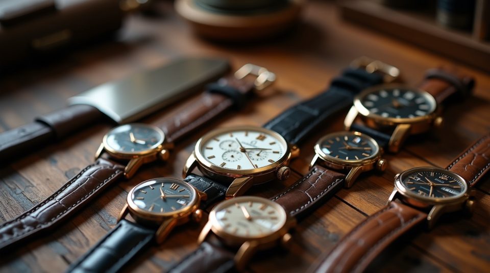 Montres de luxe disposées sur un tableau en bois, avec une montre classique au centre