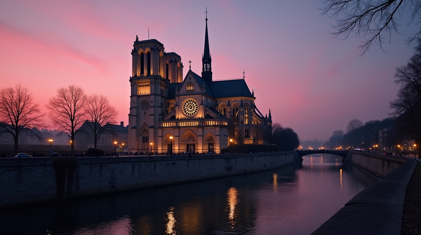 Eglise de Notre-Dame d'Oé éclairée à l'aube, ciel rosé