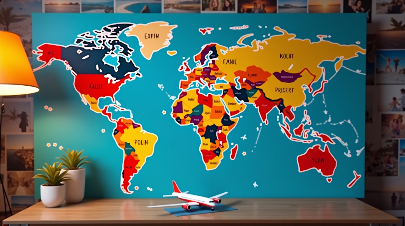Carte du monde colorée avec des points lumineux, avion en papier, mur de photos de voyage