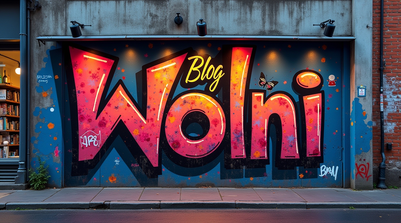 Façade graffiti colorée avec inscription 'Blog Wolni', éclairage industriel, effet futuriste.