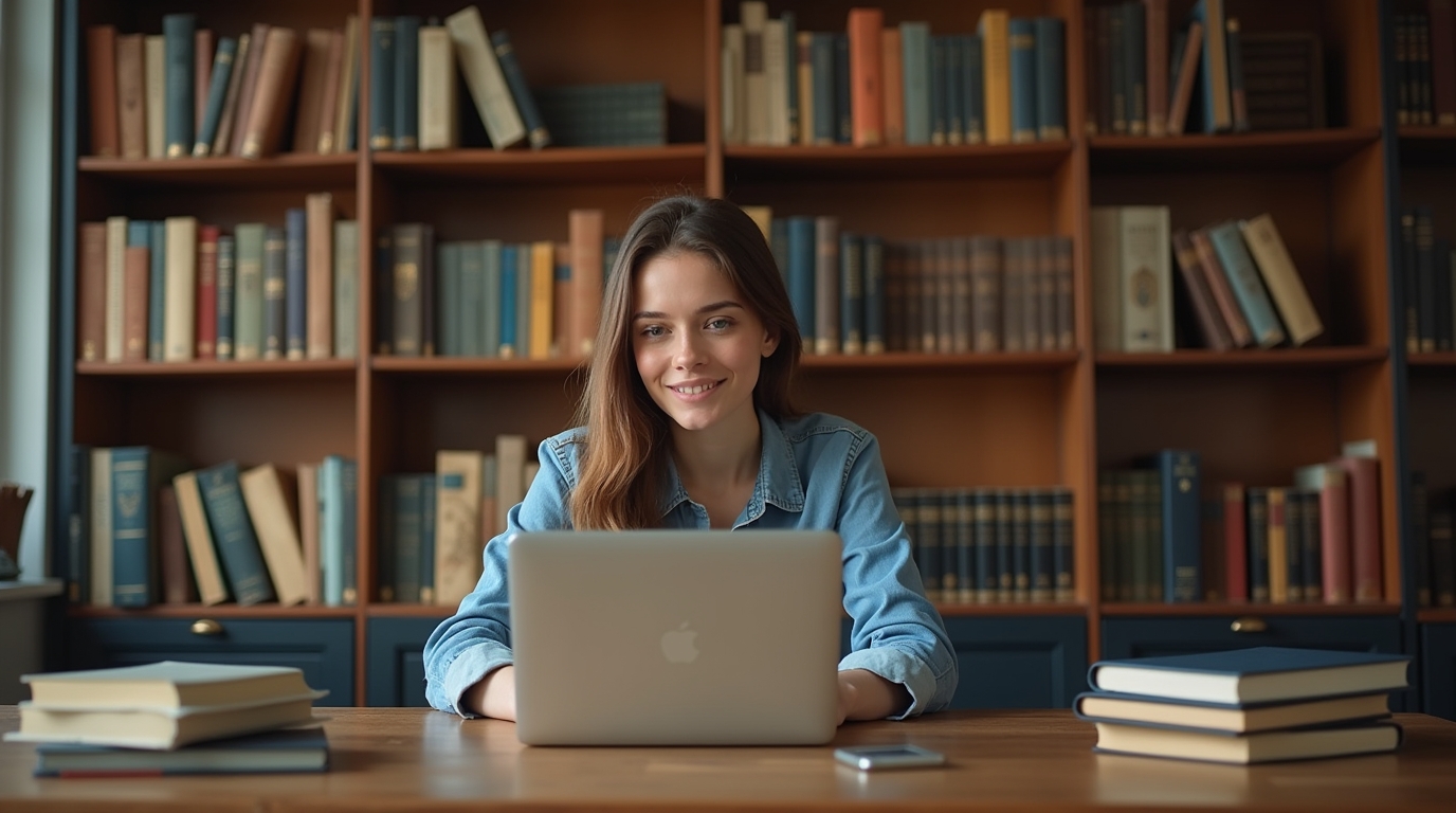 Cécile Briat, une blogueuse passionnée, devant son ordinateur avec un blog ouvert et des livres autour d'elle