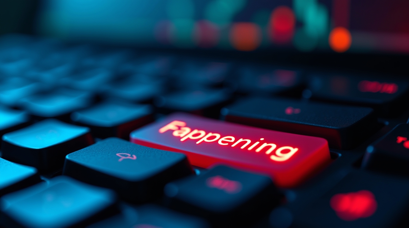 Clavier central avec touche lumineuse 'Fappening', fond de codes binaires.