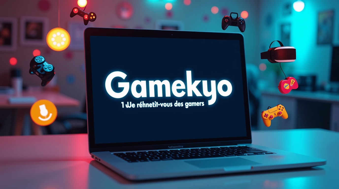 Ordinateur montrant le blog Gamekyo avec symboles de jeux, slogan impactant 'Le rendez-vous des gamers'