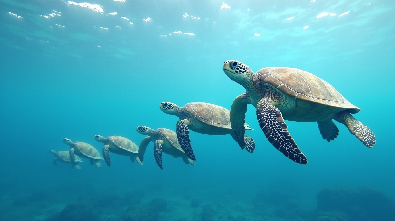 Famille de tortues de mer nageant ensemble dans l'océan, symbolisant la communauté du blog 'La Famille Tortue'.