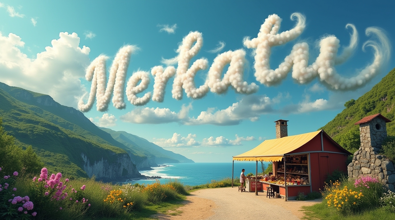 Paysage basque avec merkatu, littoral atlantique en arrière-plan et 'Merkatu Blog Basque' dans les nuages.