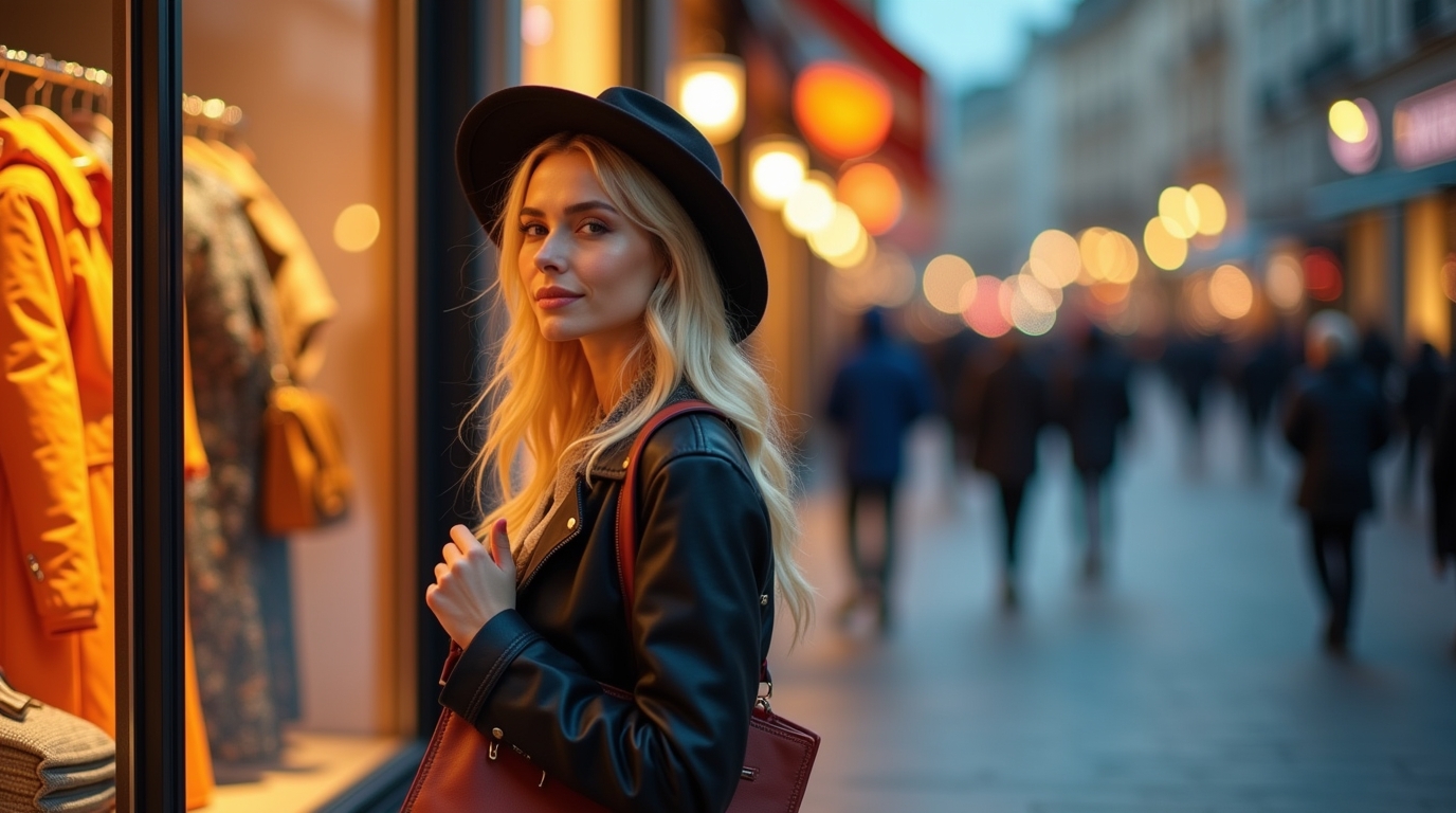 Femme chic à la mode regardant une vitrine de boutique de luxe