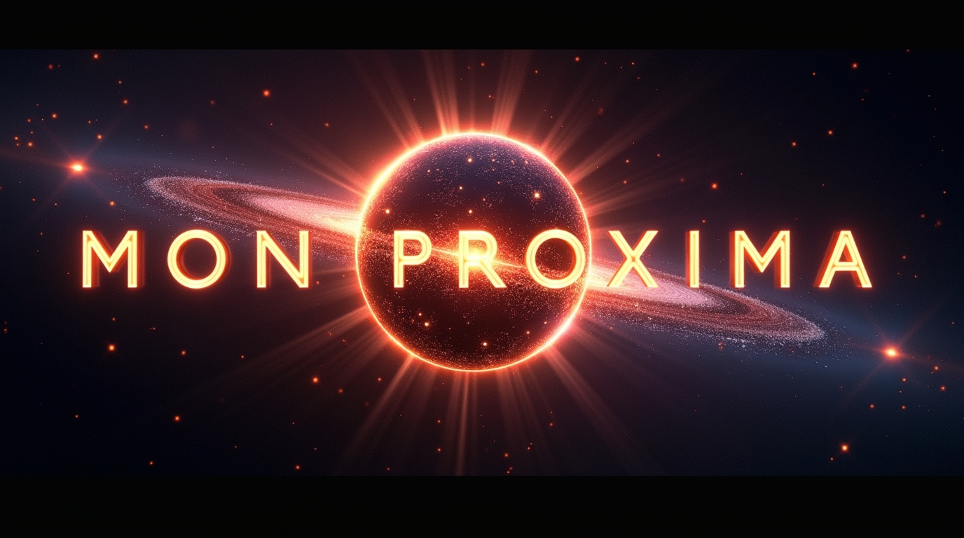 Sphère réfléchissante avec étoiles, planètes et titre 'Mon Proxima'