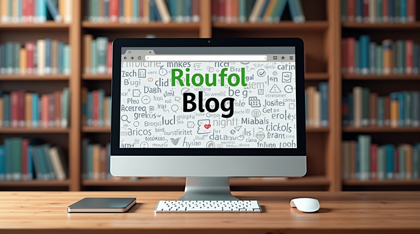 Ordinateur présentant le 'Rioufol Blog' devant une bibliothèque bien fournie