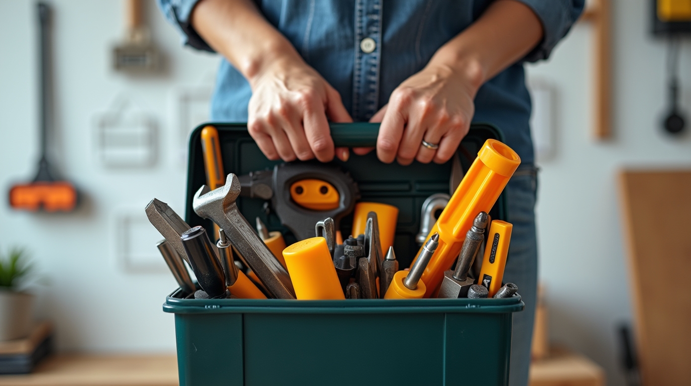 Personne tenant une caisse à outils, plans de construction en arrière-plan