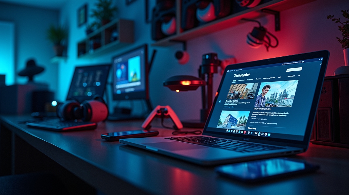 Ordinateur présentant le blog 'Technovateur', entouré d'appareils technologiques modernes