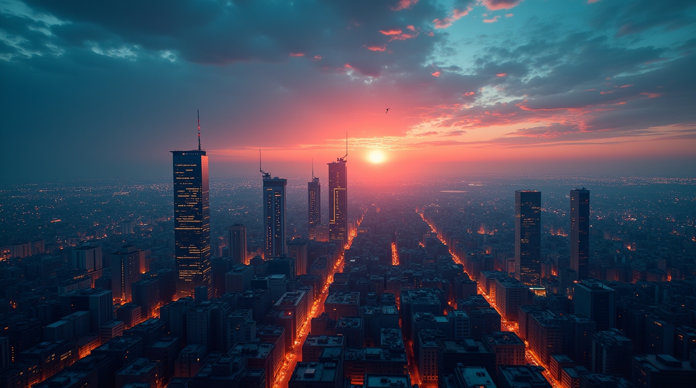 Paysage urbain à l'aube avec superposition d'un écran de veille stratégique